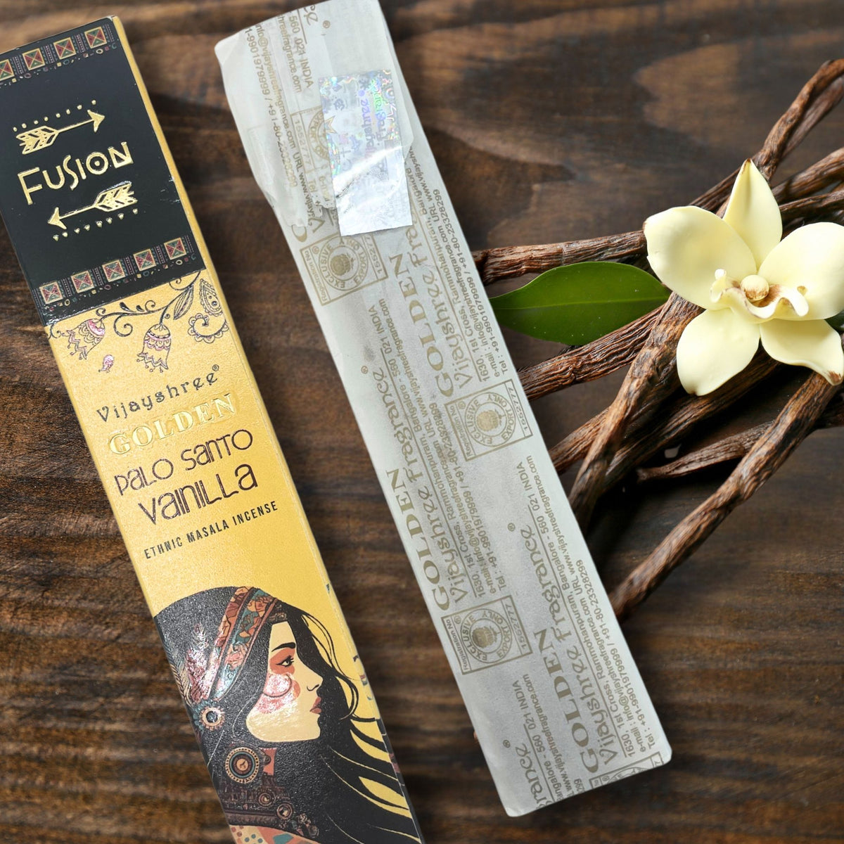 Bâtonnets d'encens à la résine de palo santo et vanille dorés 15g - Bien-Être Spirituel