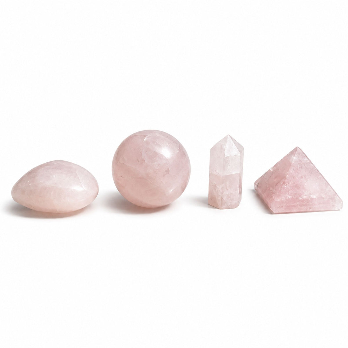 Set 4 Formes en Quartz Rose Naturel – Cœur, Sphère, Obélisque & Pyramide