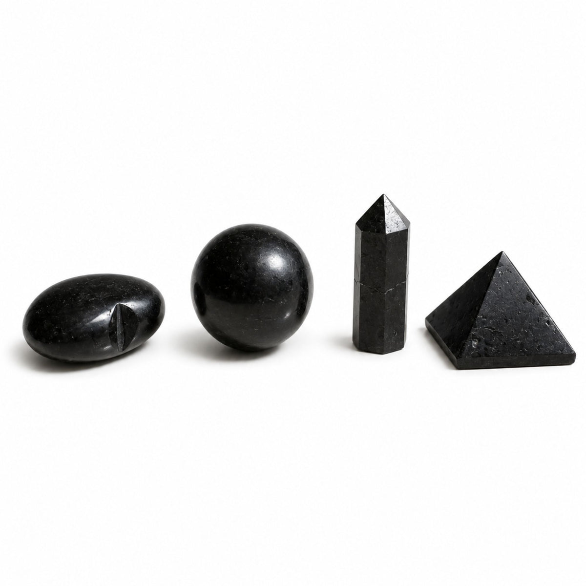 Set 4 Formes en Tourmaline Noire Naturelle – Cœur, Sphère, Obélisque & Pyramide