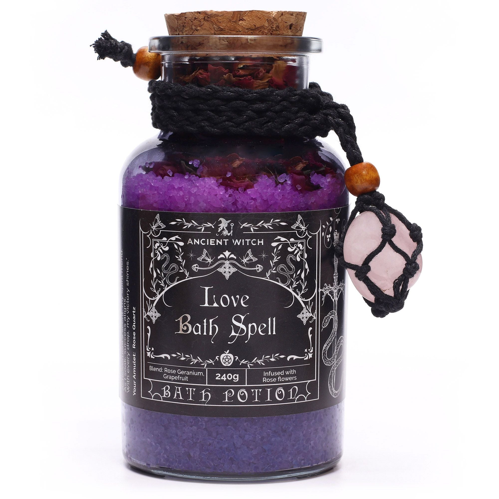 Potion de sortilège de bain de sorcière ancienne et amulette en cristal de quartz rose – Amour
