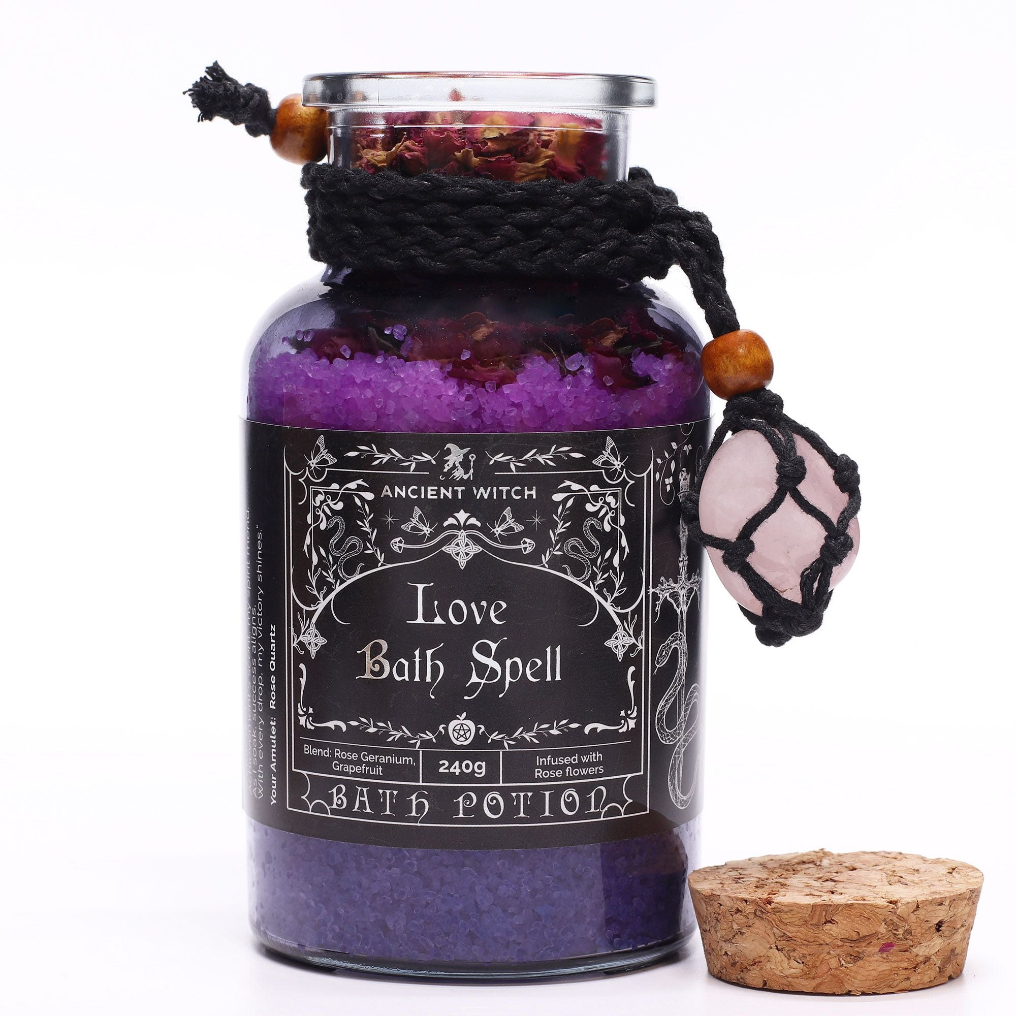 Potion de sortilège de bain de sorcière ancienne et amulette en cristal de quartz rose – Amour