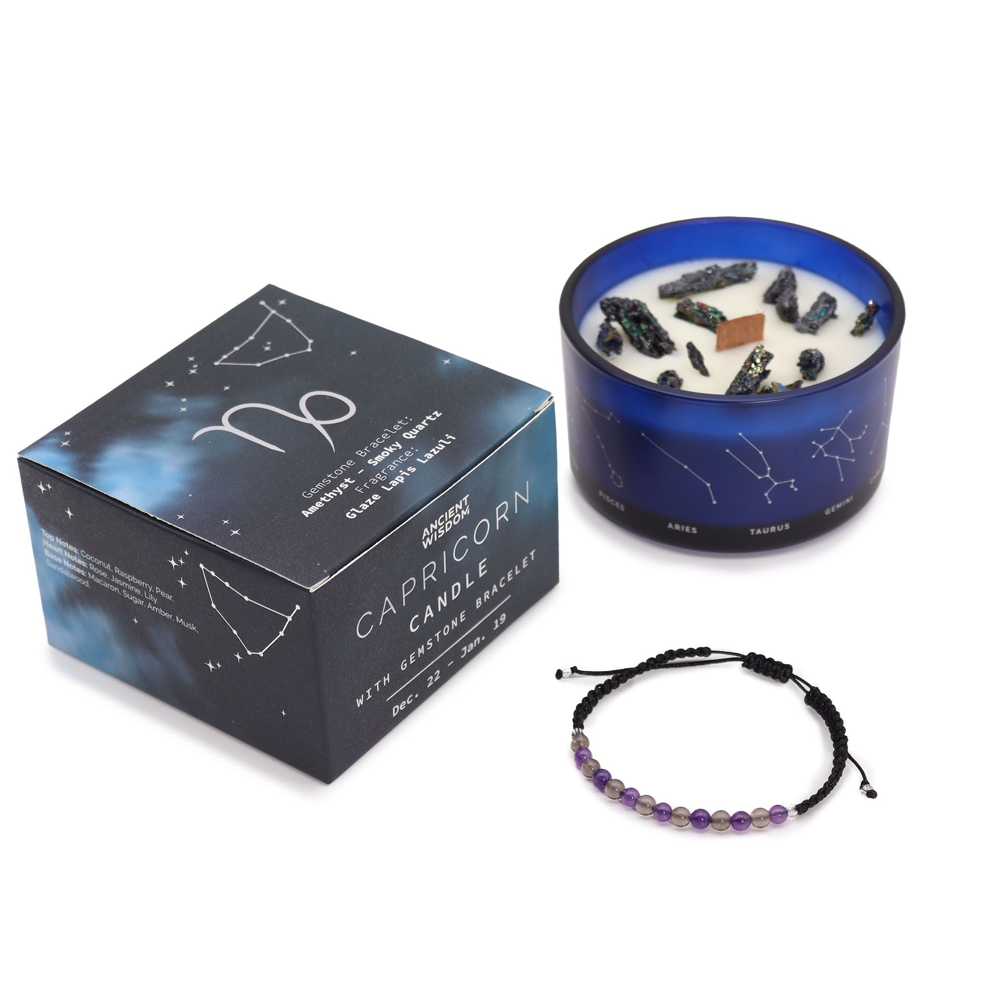 Bougie zodiaque du Capricorne avec bracelet en pierre précieuse