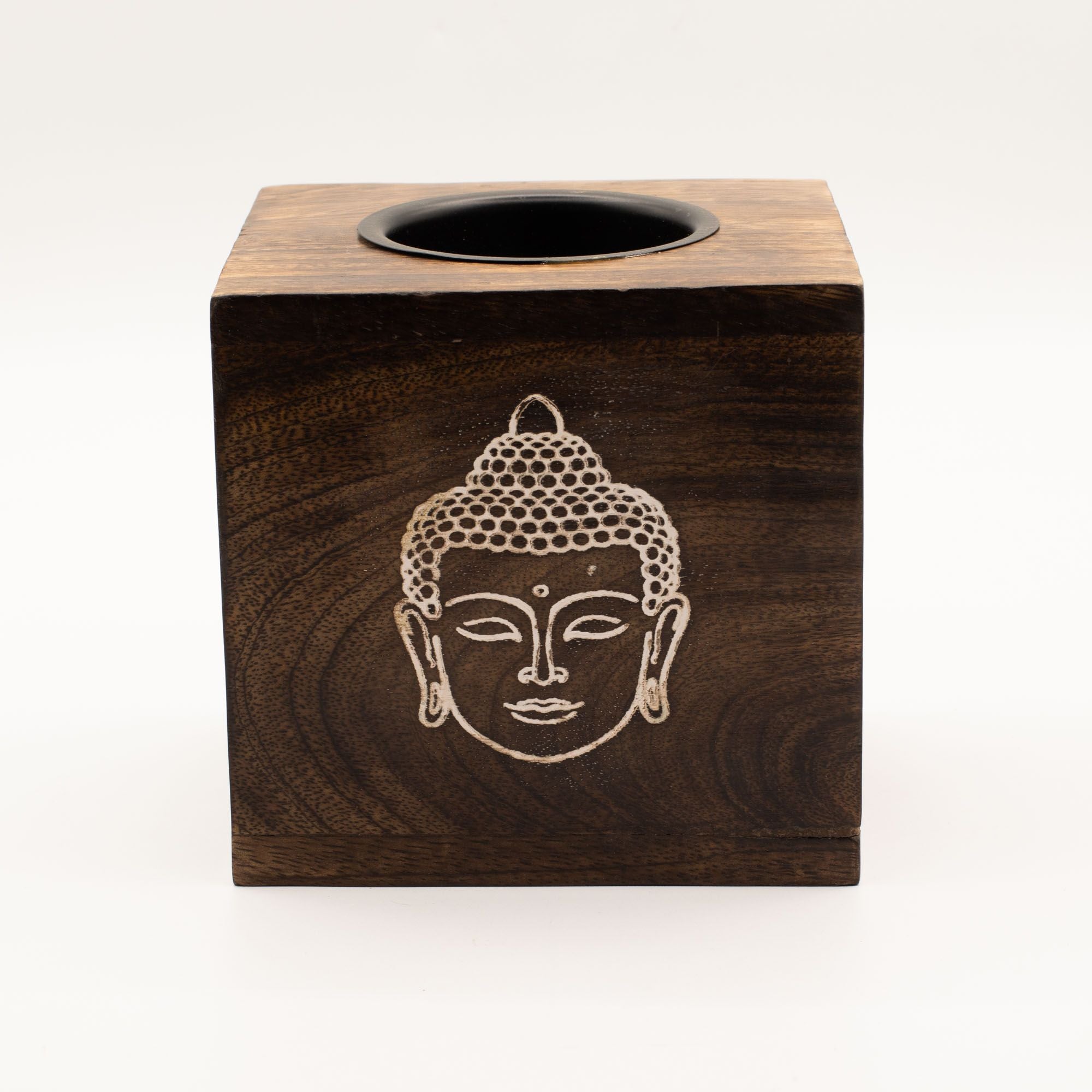 Brûleur à huile de bois de manguier carré - Visage de Bouddha