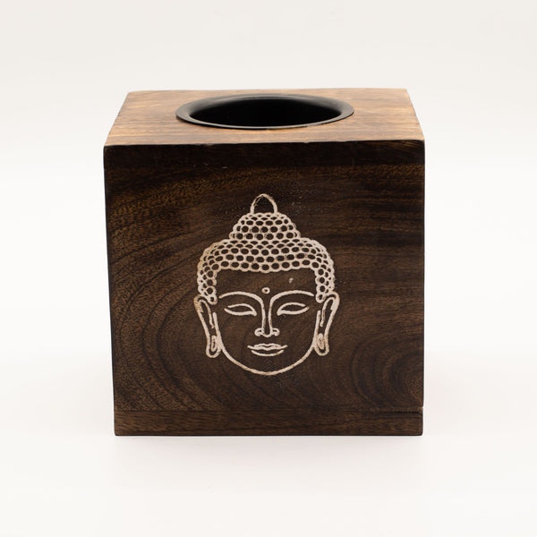 Brûleur à huile de bois de manguier carré - Visage de Bouddha