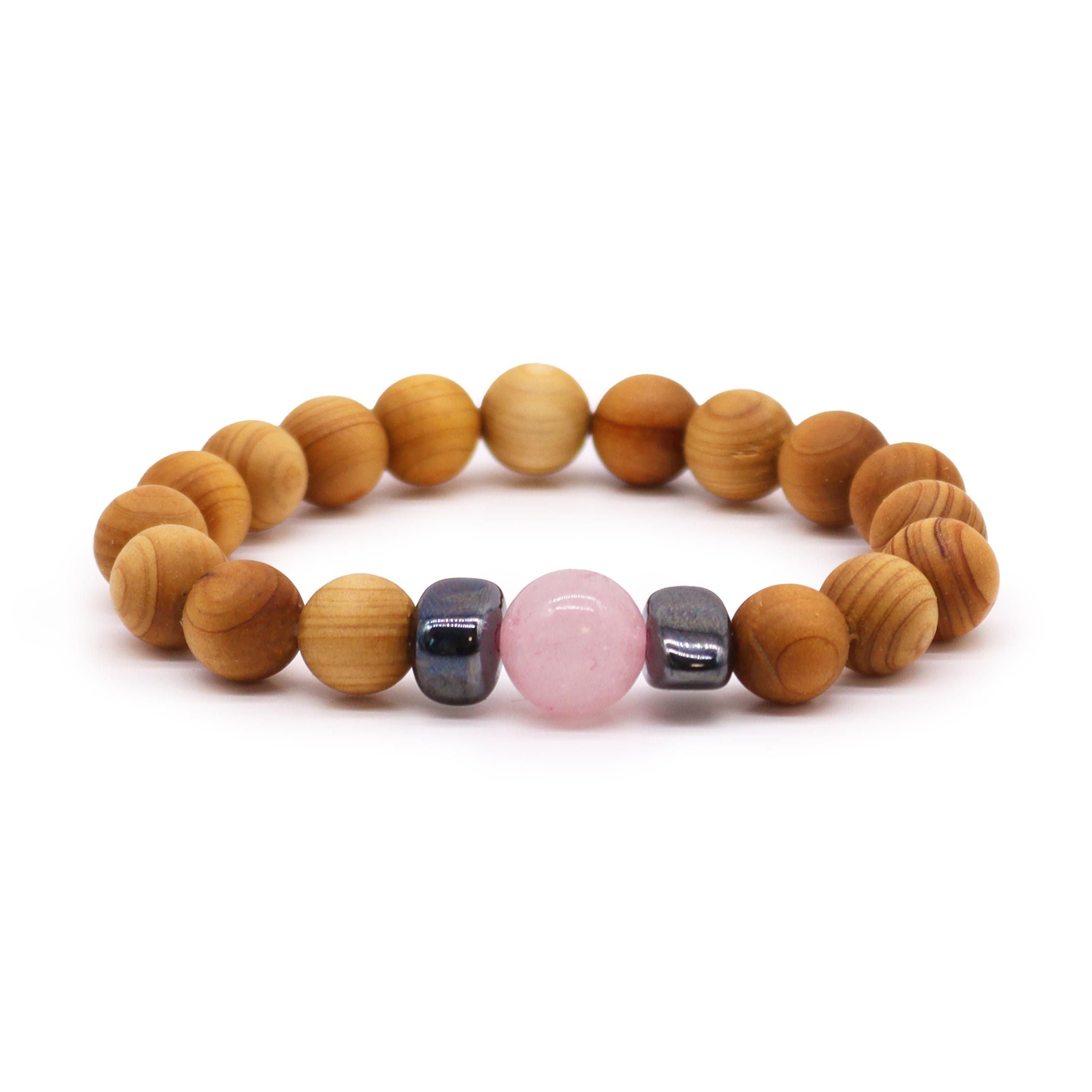 Bracelet en bois de cèdre et quartz rose