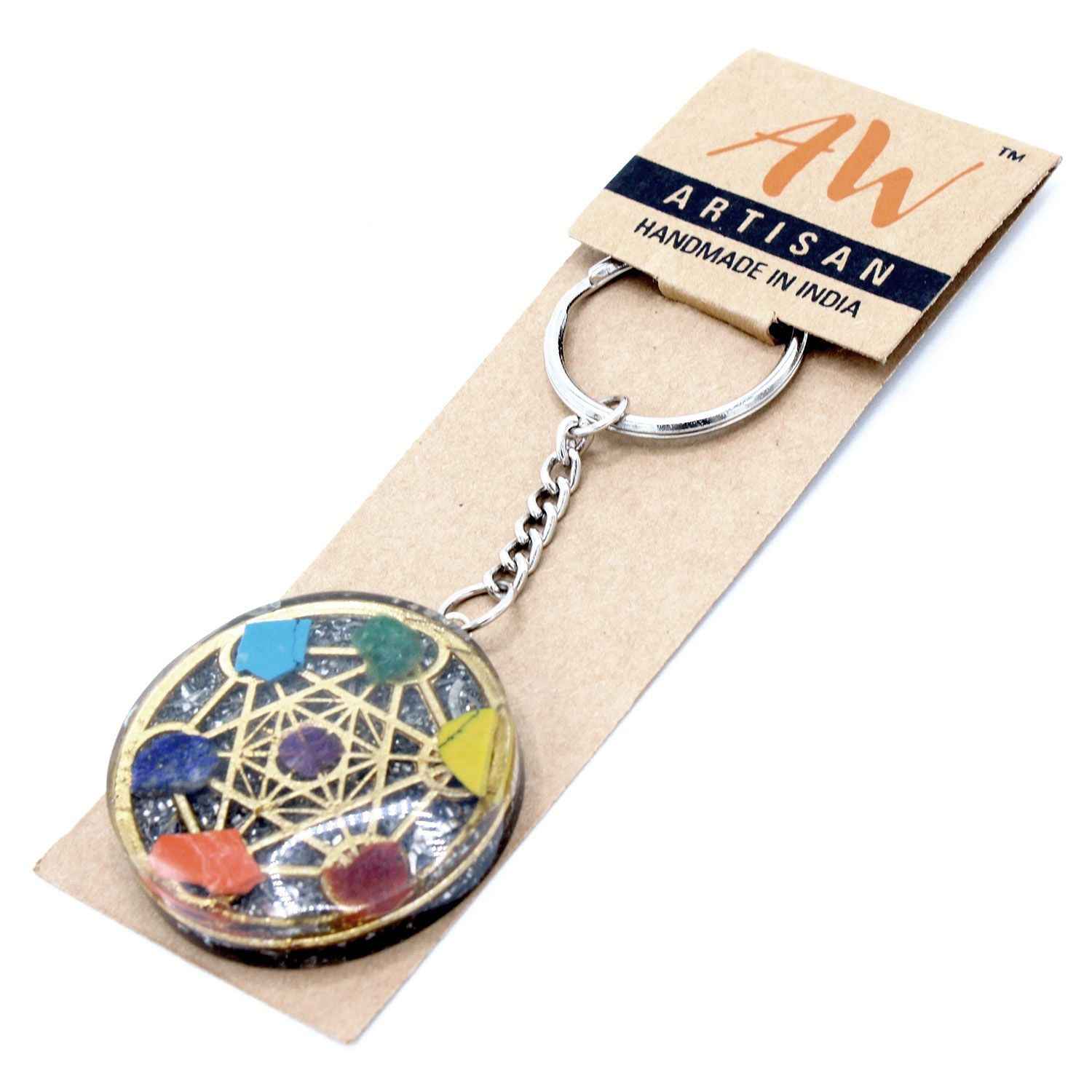 Porte-clés en orgonite – Rond, sept chakras - Bien-Être Spirituel