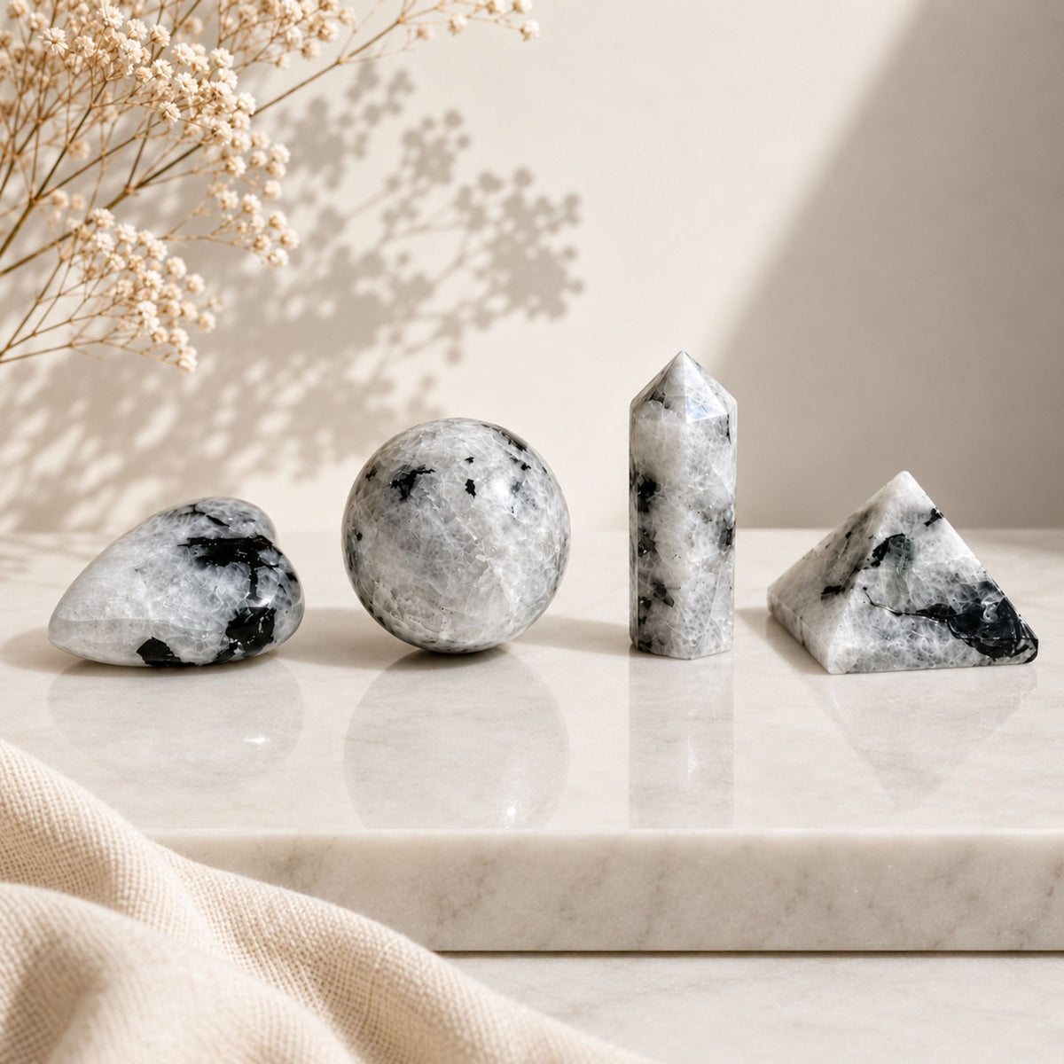 Set 4 Formes Pierre de Lune Arc-en-Ciel – Labradorite Blanche Naturelle