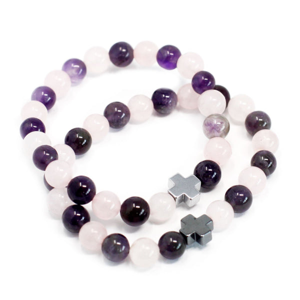 Bracelets d'amitié en pierres fines – Amour – Améthyste et quartz rose