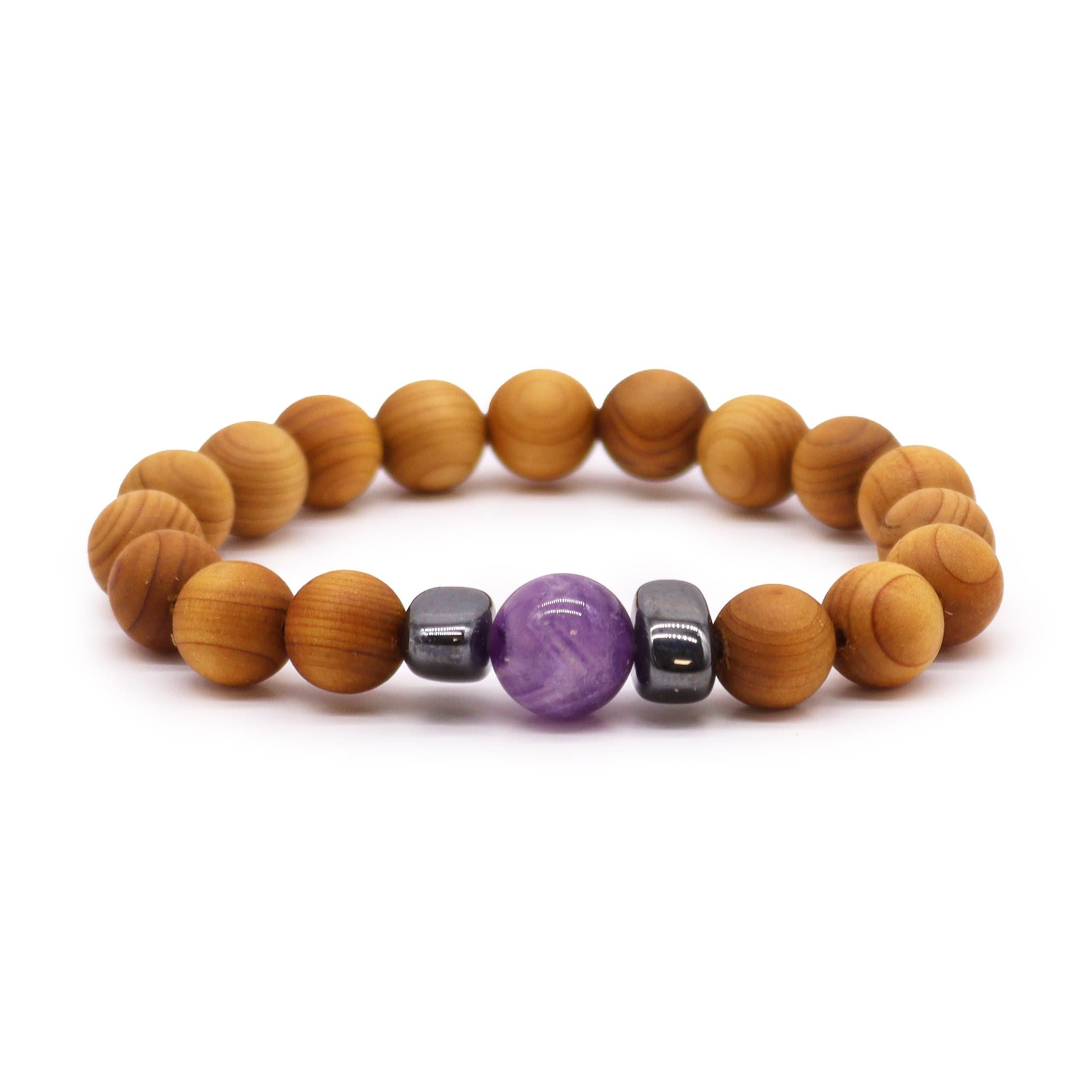 Bracelet en bois de cèdre troisième œil avec améthyste
