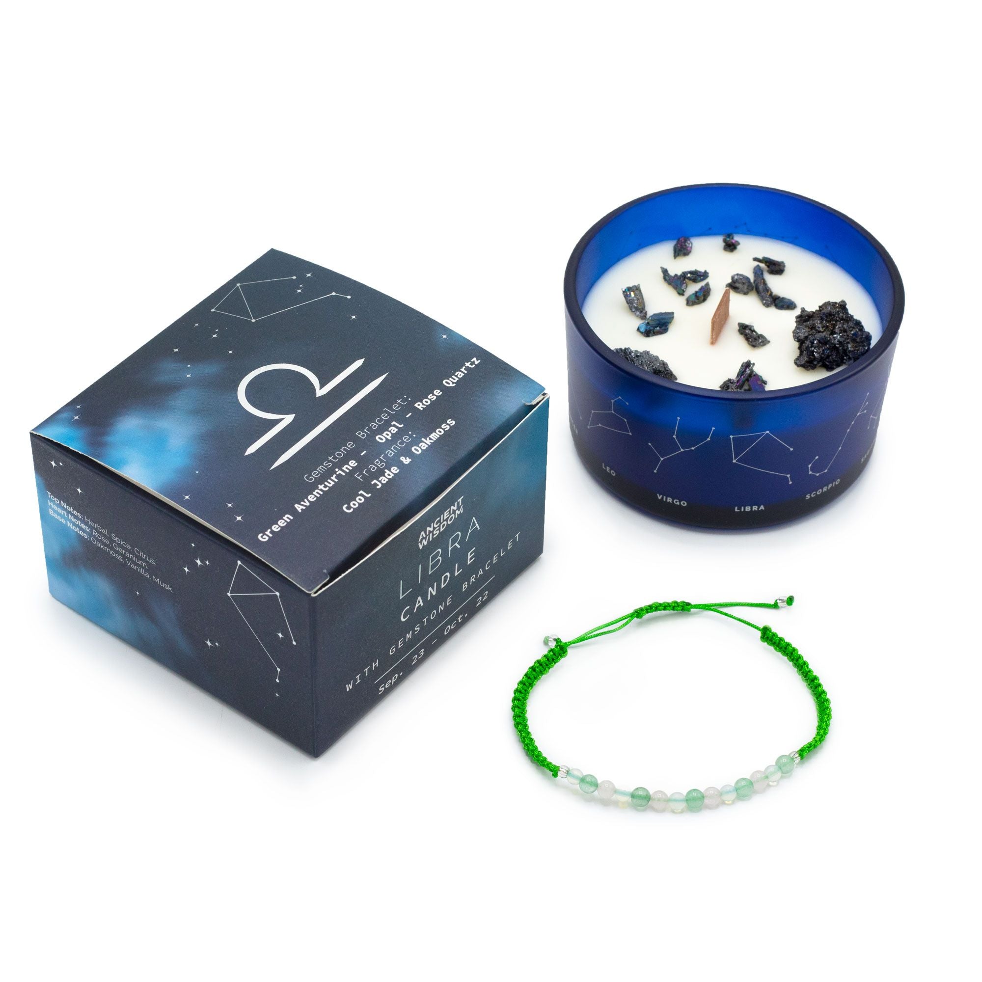 Bougie zodiaque de la Balance avec bracelet en pierre précieuse