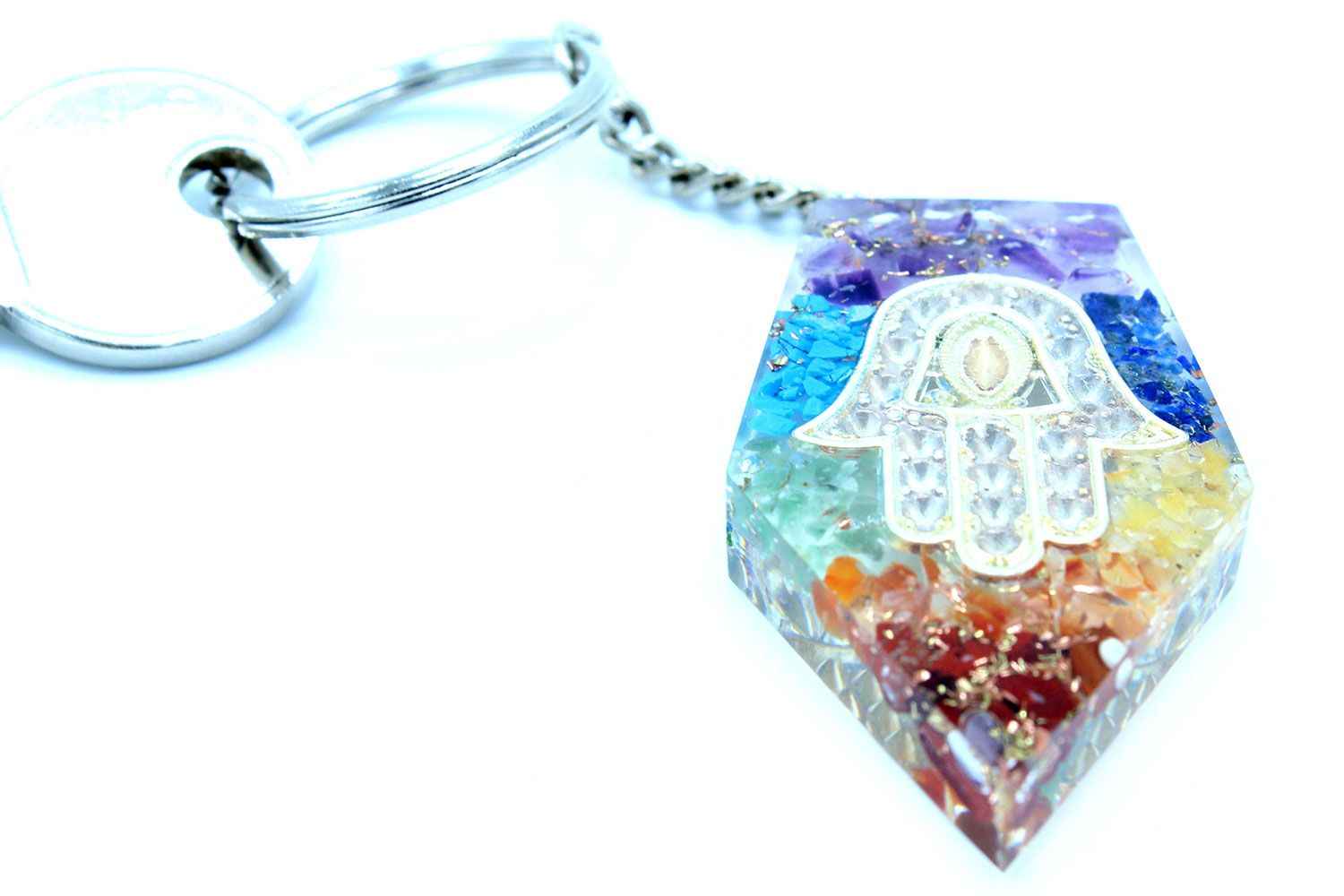 Porte-clés en orgonite – Chakra et main de Hamsa en pierres fines - Bien-Être Spirituel