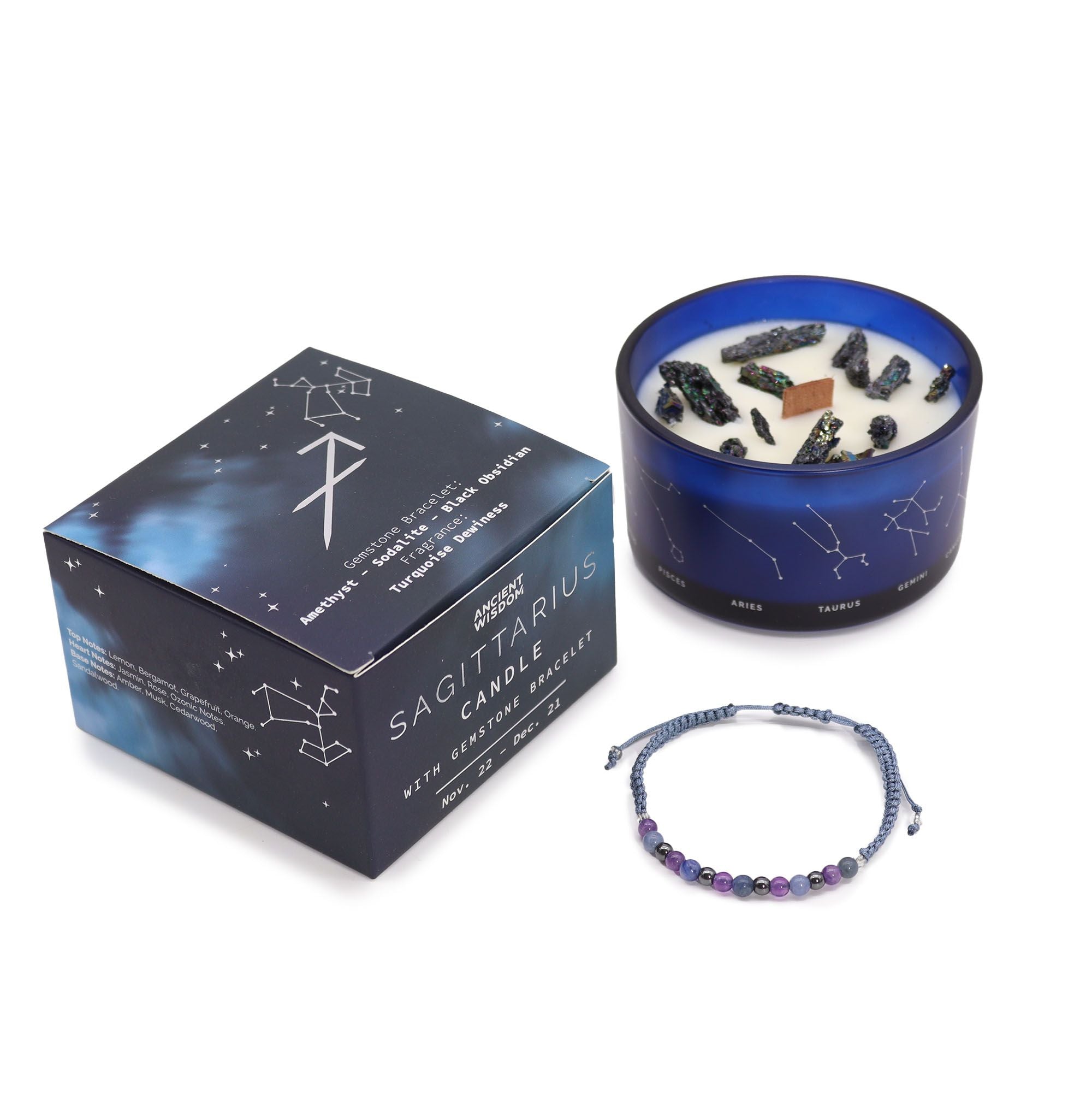 Bougie zodiaque du Sagittaire avec bracelet en pierre précieuse