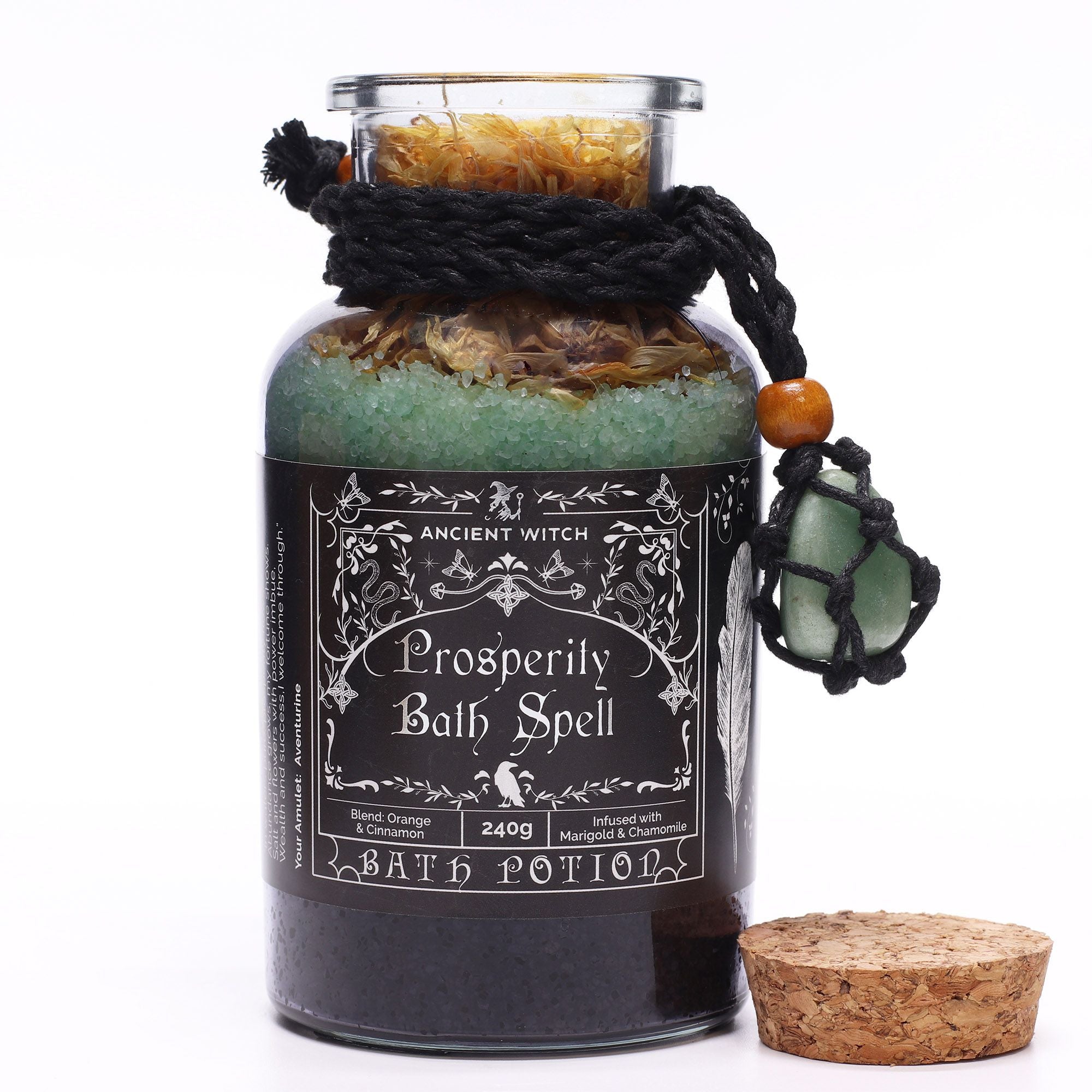 Potion de sortilège de bain de sorcière ancienne et amulette en cristal d'aventurine – Prospérité