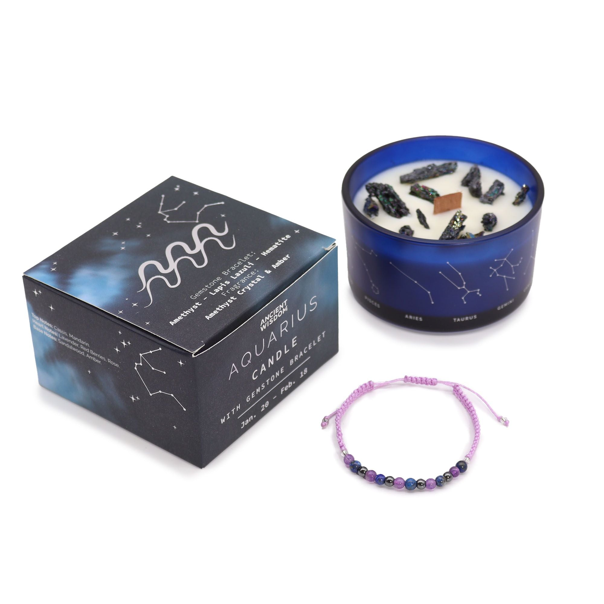 Bougie zodiaque du Verseau avec bracelet en pierre précieuse