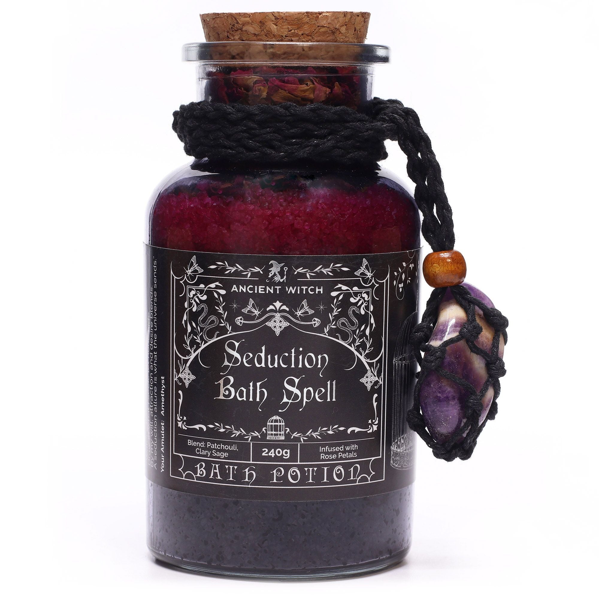 Potion de sortilège de bain de sorcière ancienne et amulette en cristal d'améthyste – Séduction