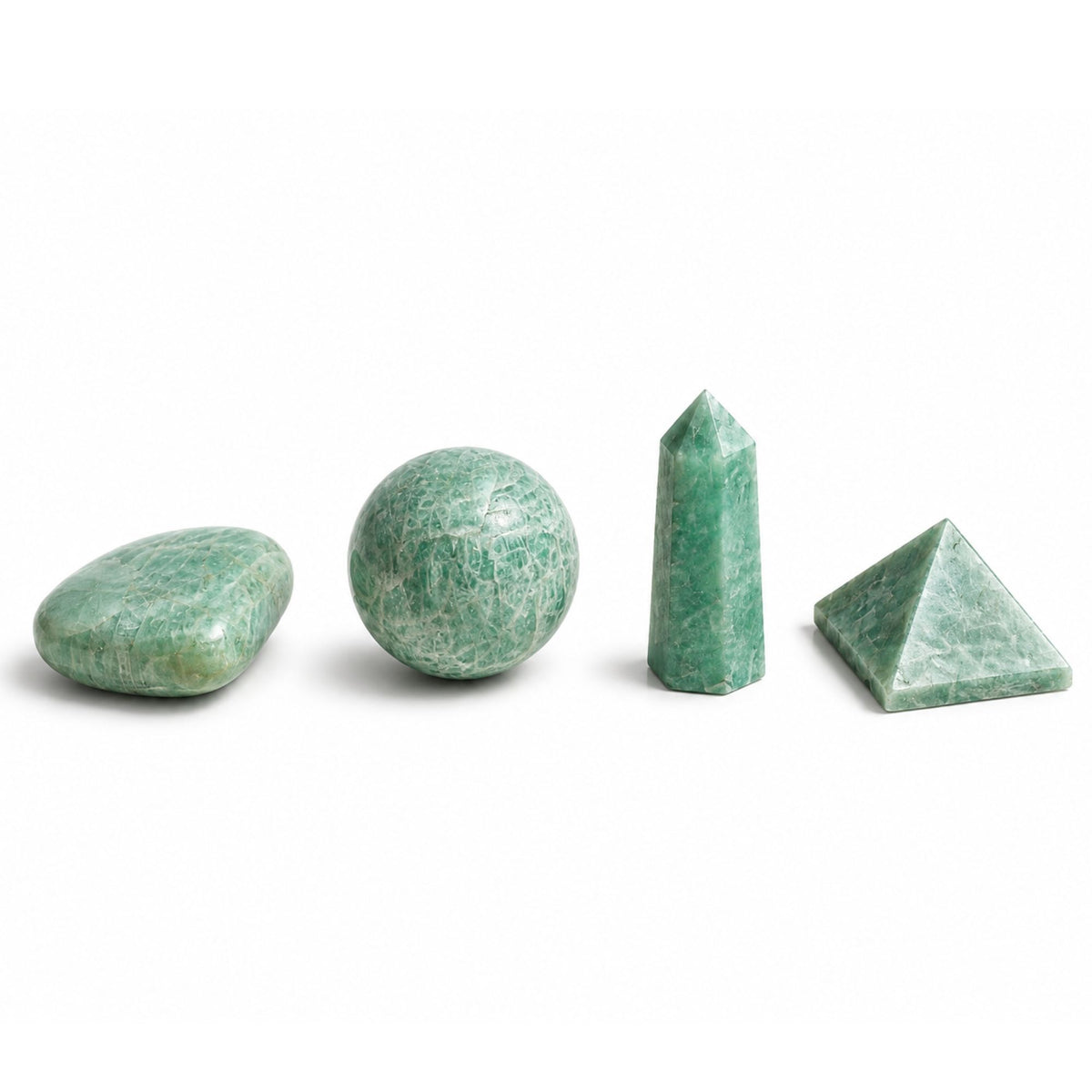 Set 4 Formes en Amazonite Naturelle – Cœur, Sphère, Obélisque & Pyramide