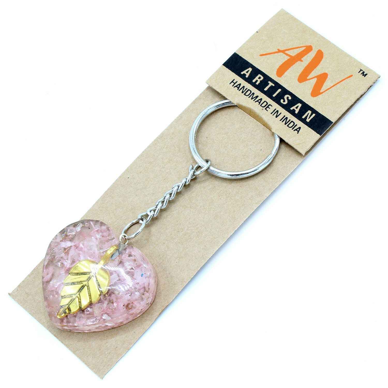 Porte-clés en orgonite – Cœurs en quartz rose et feuille d'or - Bien-Être Spirituel