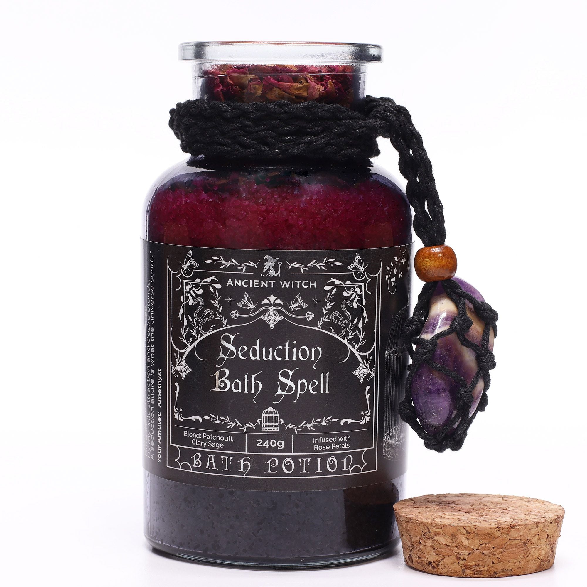 Potion de sortilège de bain de sorcière ancienne et amulette en cristal d'améthyste – Séduction