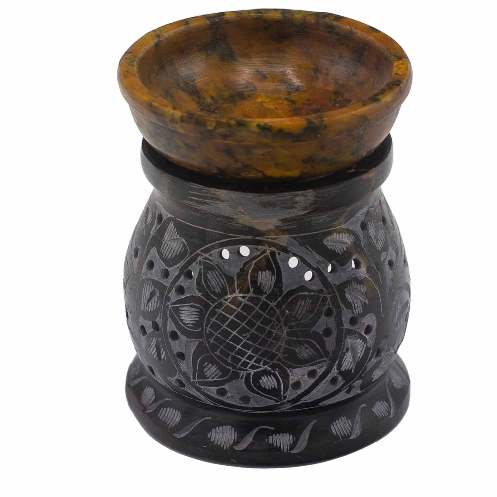 Brûleur d'huile en stéatite 10 cm - Fleur mandala - Noir et jaune