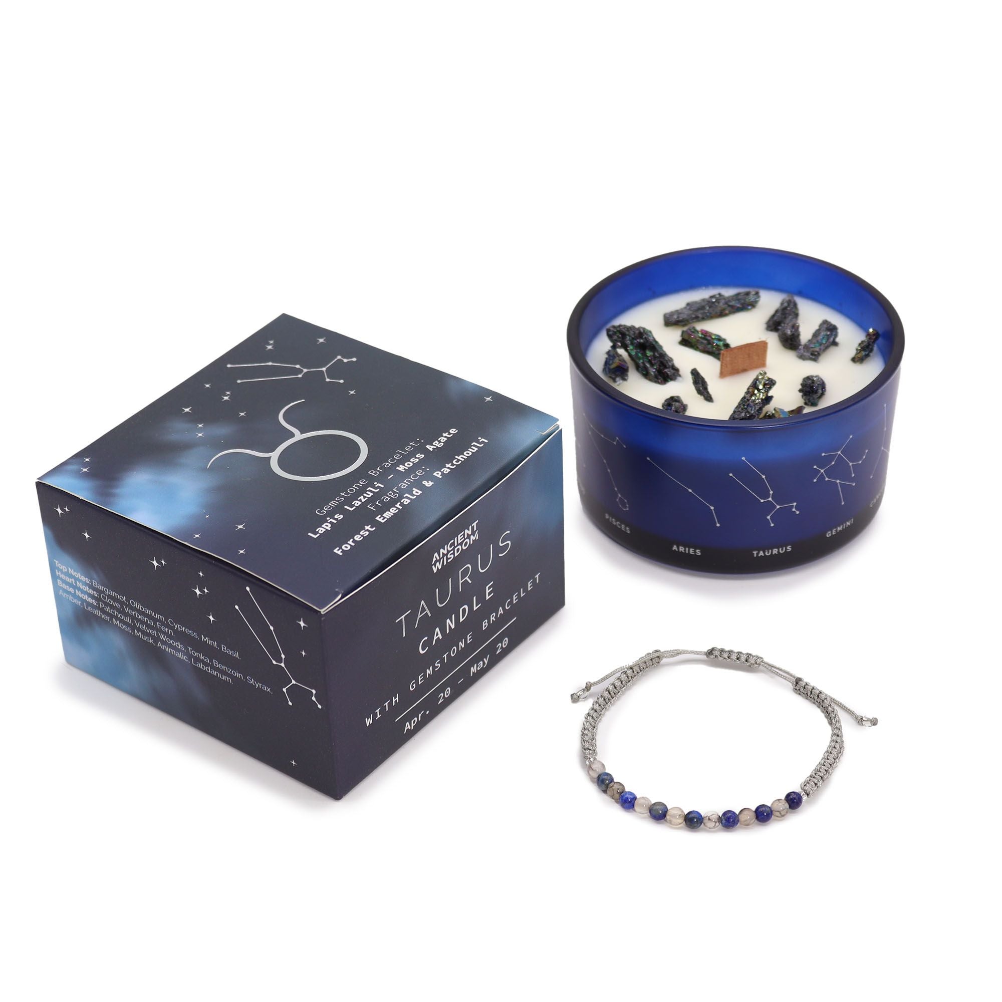 Bougie zodiaque du Taureau avec bracelet en pierre précieuse