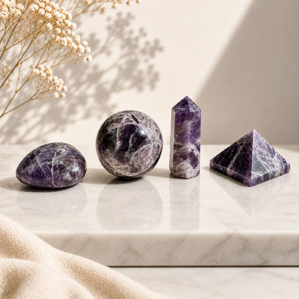 Set 4 Formes en Améthyste Naturelle – Cœur, Sphère, Obélisque & Pyramide