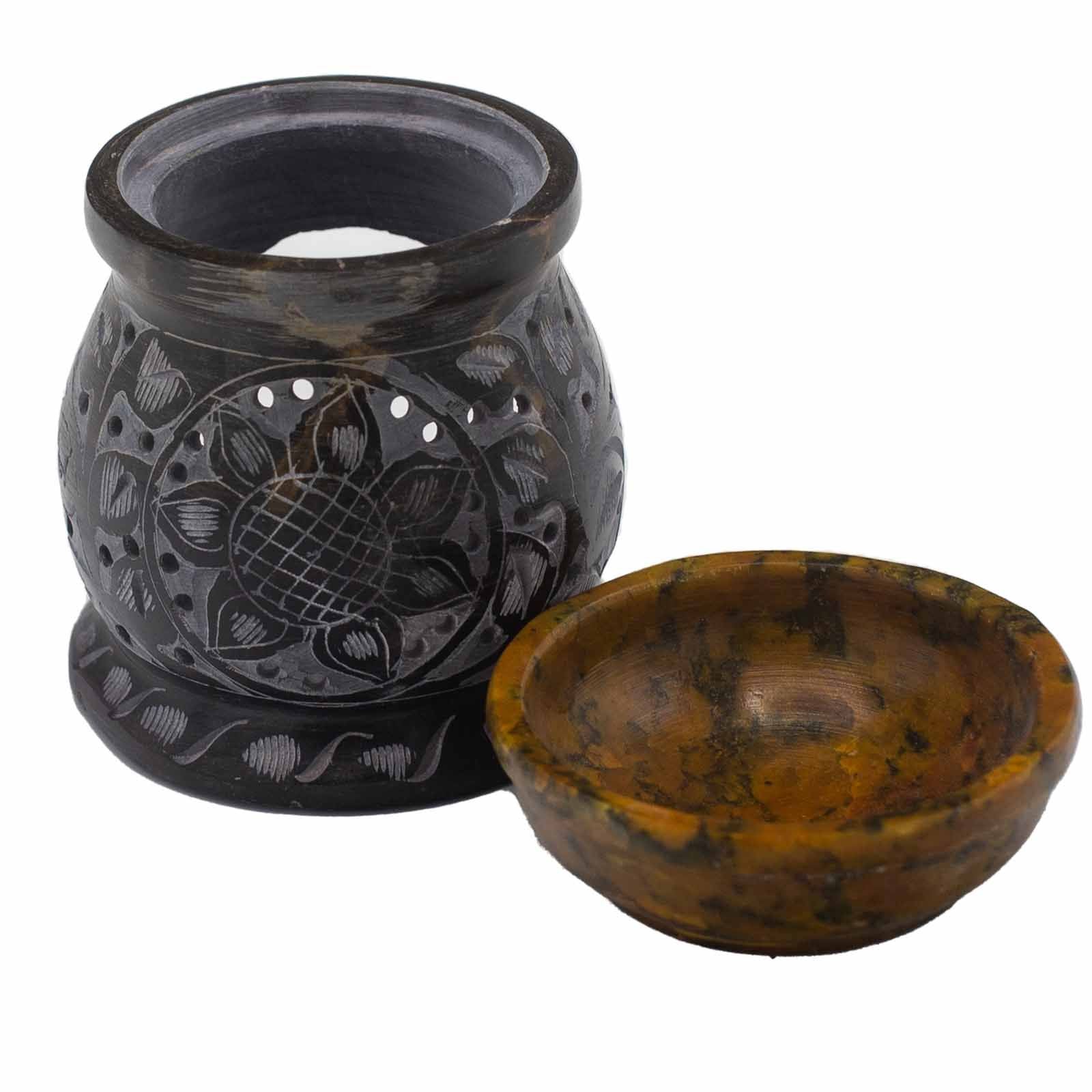 Brûleur d'huile en stéatite 10 cm - Fleur mandala - Noir et jaune