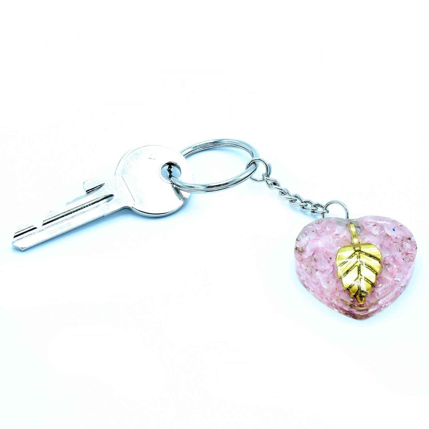 Porte-clés en orgonite – Cœurs en quartz rose et feuille d'or - Bien-Être Spirituel