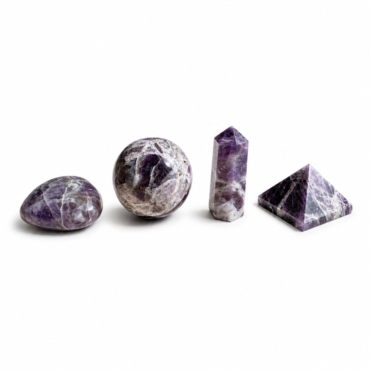 Set 4 Formes en Améthyste Naturelle – Cœur, Sphère, Obélisque & Pyramide