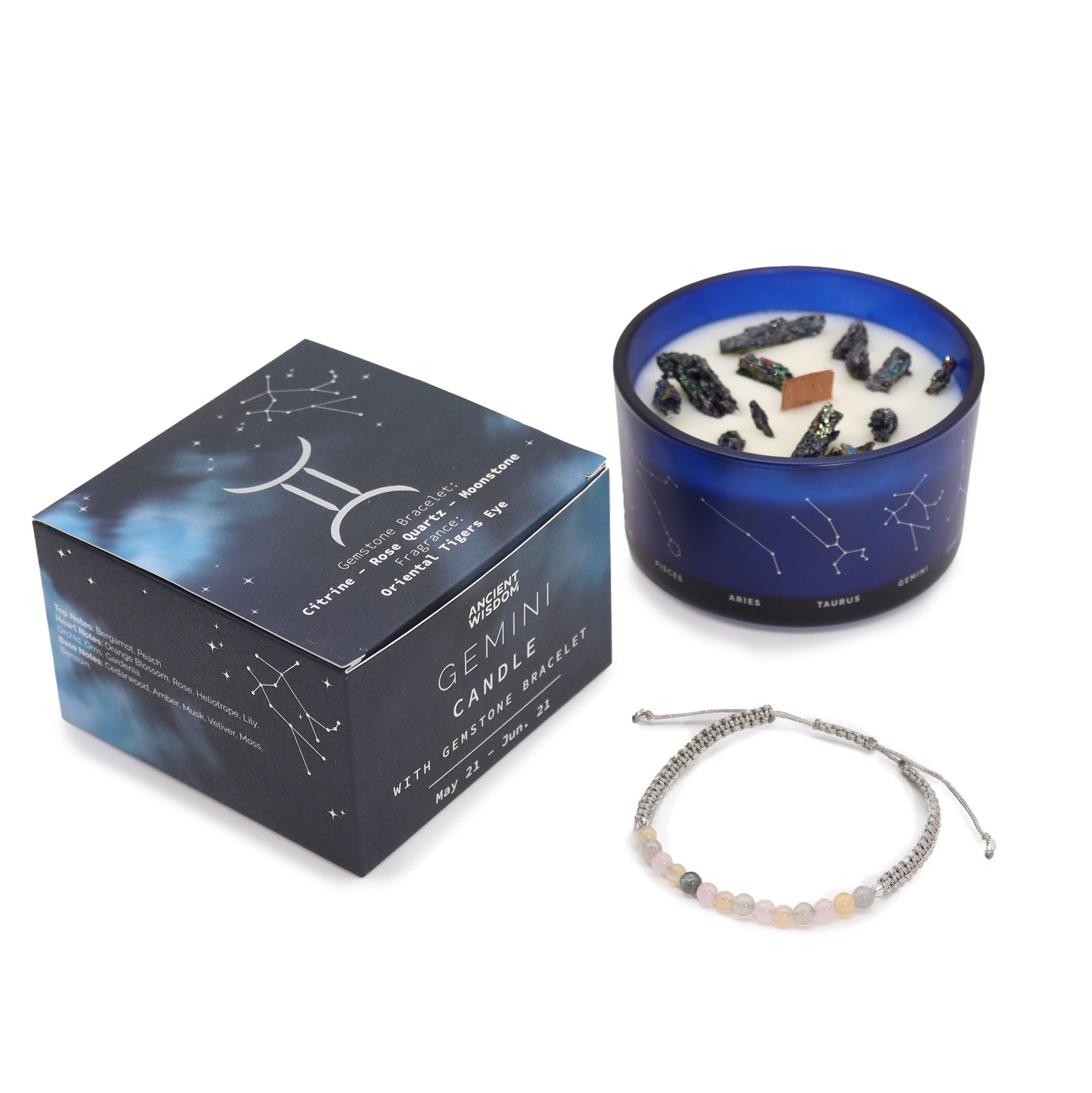 Bougie zodiaque des Gémeaux avec bracelet en pierres précieuse
