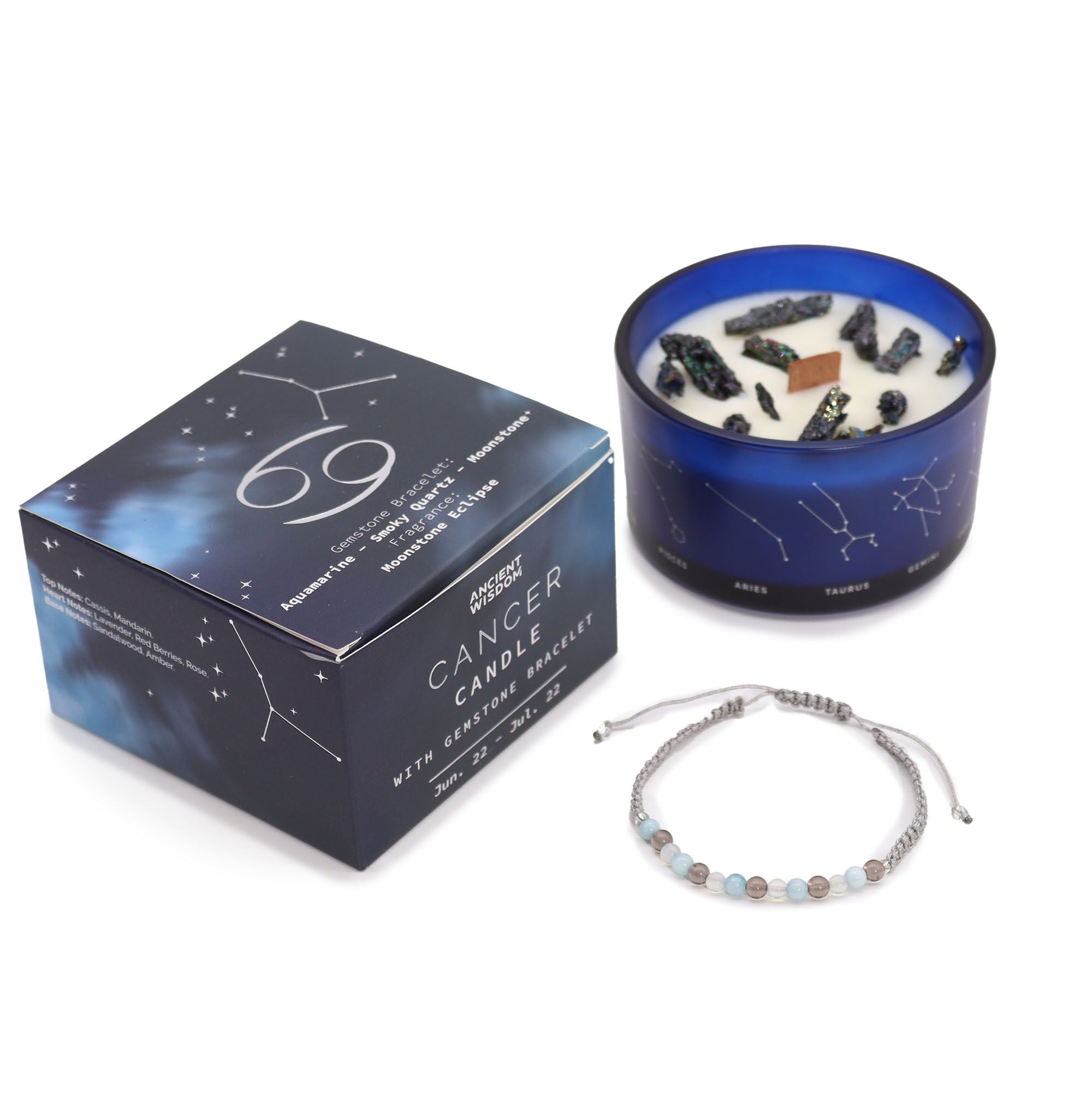 Bougie zodiaque du Cancer avec bracelet en pierre précieuse