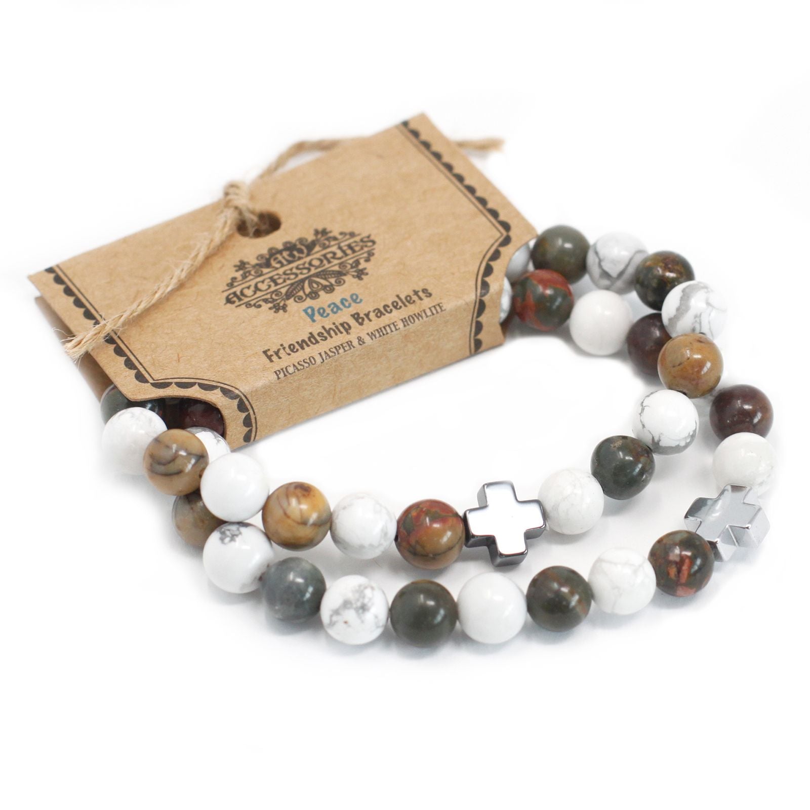 Bracelets d'amitié en pierres fines – Paix – Jaspe Picasso et Howlite blanche