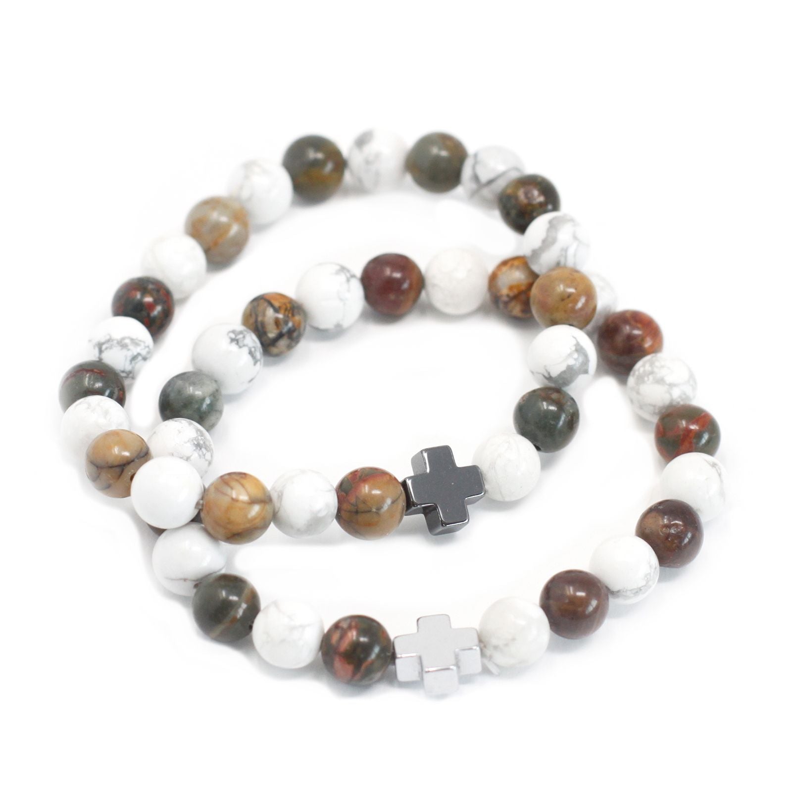 Bracelets d'amitié en pierres fines – Paix – Jaspe Picasso et Howlite blanche