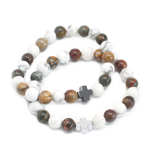 Bracelets d'amitié en pierres fines – Paix – Jaspe Picasso et Howlite blanche