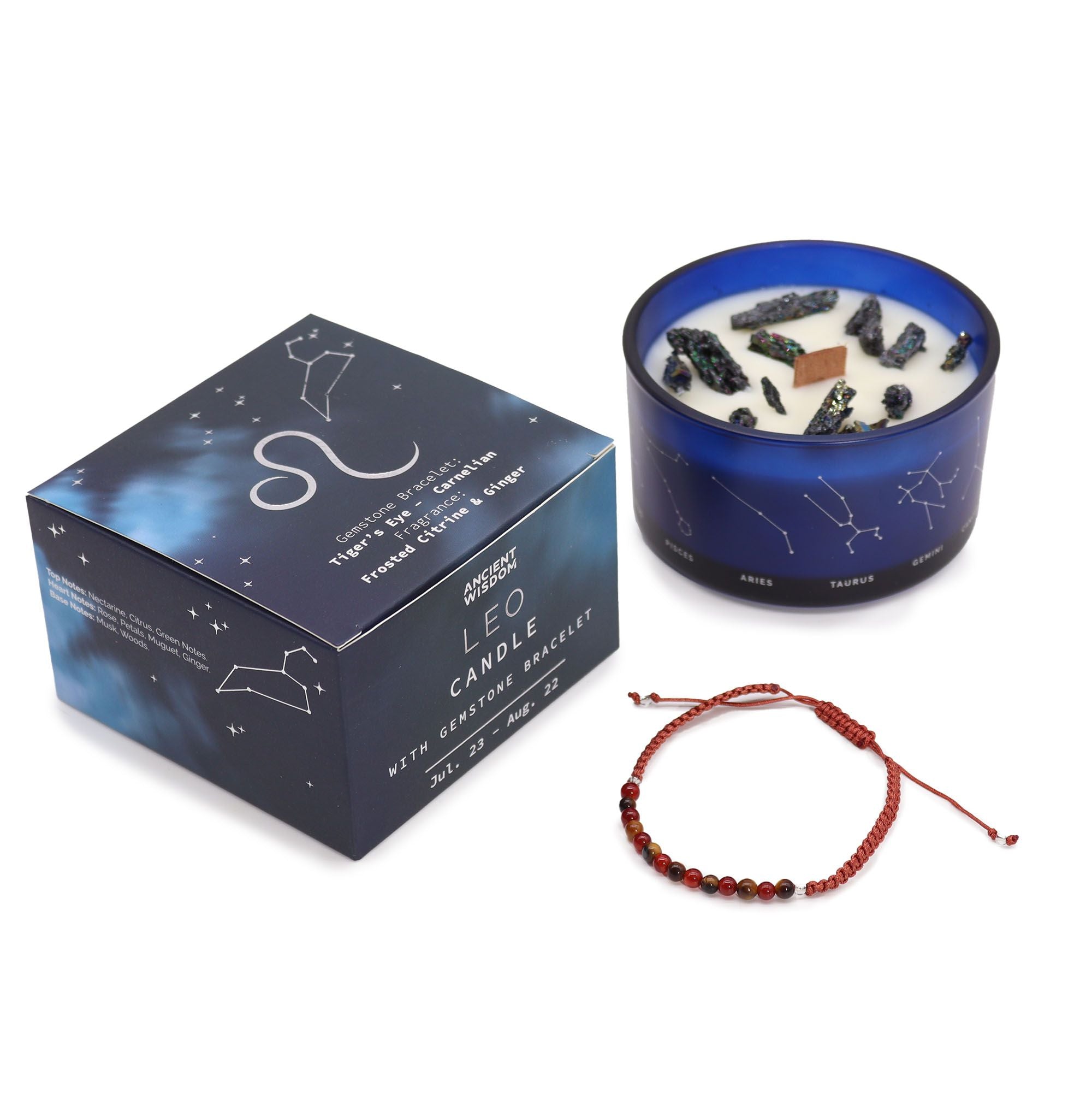 Bougie zodiaque du Lion avec bracelet en pierres précieuse